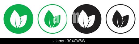 Leaf Icon Set in Green and Black Circular Design for Eco and Nature Themes, Round leaf icon Stock Vector