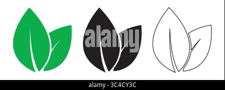 Leaf Icon Set in Solid Green, Black, and Outline Style for Eco Graphic Design Stock Vector