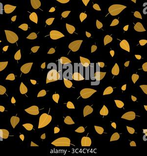 Autumn botanical seamless pattern. Golden leaves on black background. A lot of random leaves. Contrast autumnal colors. Decorative floral background Stock Vector