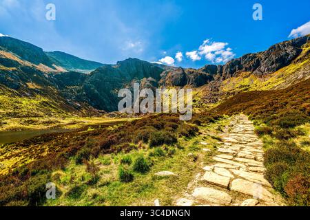 Scenic Mountain Trail Leading to Llyn Idwal, Snowdonia National Park, Wales Stock Photo