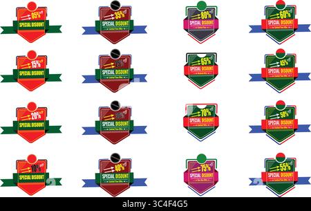 Colorful percentage discount badge vector collection with 5% to 80% off promotional labels for e-commerce sales, flash offers, and special deals Stock Vector