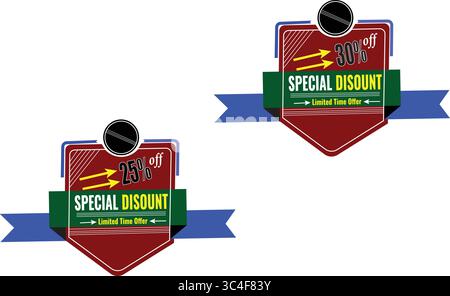 Blue ribbon and red badge vector set with 30% and 25% off special discount label designs Stock Vector