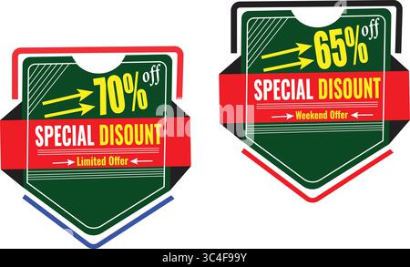 Clean red and green special discount vector labels with 65% and 70% off offer tag design Stock Vector