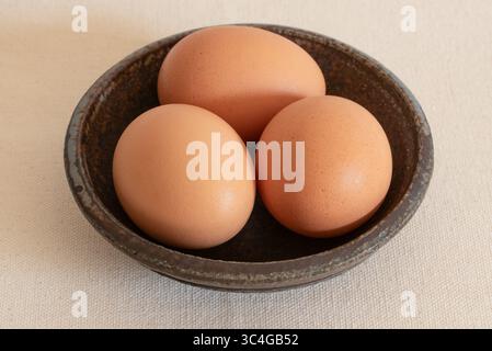Three Brown Pasture Raised Chicken Eggs Stock Photo