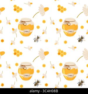 Pattern featuring honey jars, flowers, and bees in a cheerful display of nature's sweetness Stock Vector