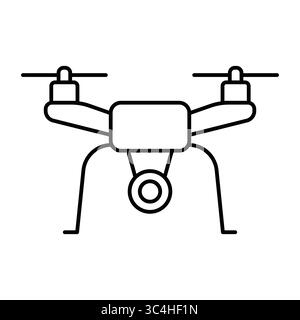 A sleek, minimalist illustration of a drone featuring four propellers and a central camera. This design signifies modern technology and aerial adventu Stock Vector