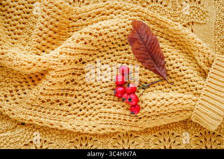 Autumn leaf and red berries on knitted yellow sweater. Top view, flat lay. Stock Photo