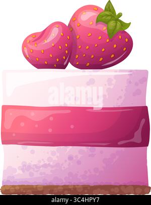 strawberry cake with pink frosting, layers of cream, topped with fresh strawberries and a green leaf, a vibrant and appetizing cartoon style. Stock Vector