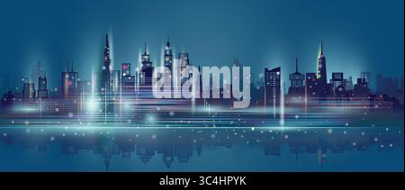 Technology neon in downtown skyscraper background, Modern cityscape skyline panorama view architecture futuristic, Vector illustration design network Stock Vector