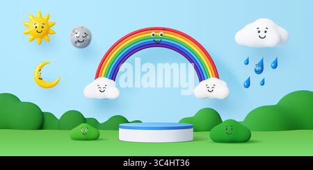 3d kids podium stage with weather characters. Cartoon vector natural landscape with round scene, smiling sun, moon, crescent, clouds, rainbow, raindro Stock Vector