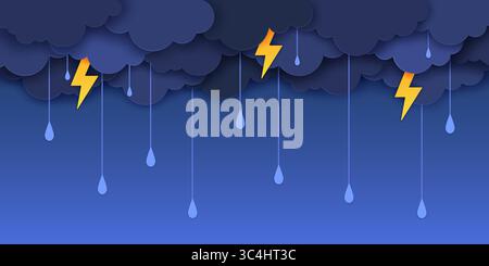 Paper cut rain and clouds with lightning. Rainy weather forecast, summer thunderstorm papercut vector backdrop. Lightning bolts and rain water drops h Stock Vector