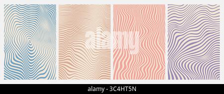 Psychedelic groovy pattern backgrounds. Vector set of abstract vibrant wavy and distorted optical illusions in retro colors. Warped striped vintage po Stock Vector