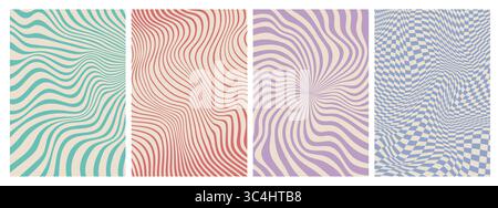 Psychedelic groovy pattern backgrounds featuring warped stripes, hypnotic spirals, and dynamic checkerboards in retro pastel tones. Vector set of abst Stock Vector