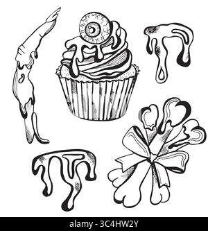 Vector traditional Halloween sweets and cupcakes. Spooky hand drawn snacks, no background. Stock Vector
