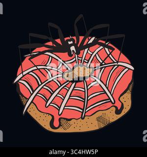 Hand drawn vector illustration of Halloween donut, with spider web pattern and spider on top, on dark background. Stock Vector
