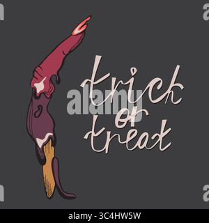 Lollipop in the form of a woman's finger with slime dripping down. Halloween candy in vector. Inscription trick or treat. Stock Vector
