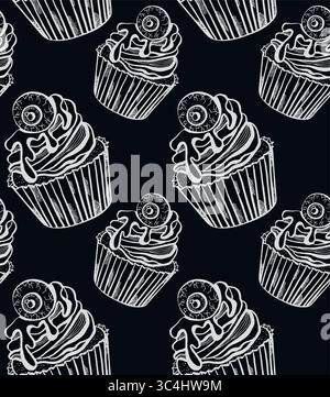 Seamless pattern of Halloween cupcake with eye. Isolated light pattern on dark background. Suitable for packaging, textile and design projects. Stock Vector