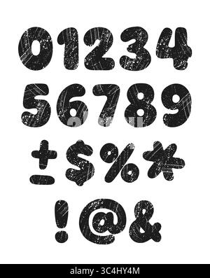 Bold grunge numbers and symbols with scratched texture. Hand-drawn black characters in distressed style. Ideal for creative design, vintage print Stock Vector