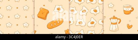 A set of kawaii seamless patterns for a coffee-themed drawn in pastel colors. Includes geyser coffeemaker, jam, stars, rggs. Stock Vector