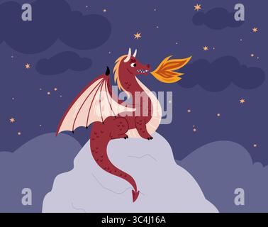 Red dragon on mountain top on background of night sky with stars. Cartoon mythical creature on rock peak. Winged animal. Fire breathing. Mythological Stock Vector