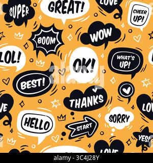 Different kind of speech bubbles. Communication seamless pattern. Dialog or discussion chat icons. Repeated print. Message doodle stickers. Expression Stock Vector