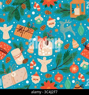 Christmas celebration items. Xmas seamless pattern. Spruce branches. Holiday balloons. Candles and gift boxes. Repeated wrapping print. Fir tree balls Stock Vector