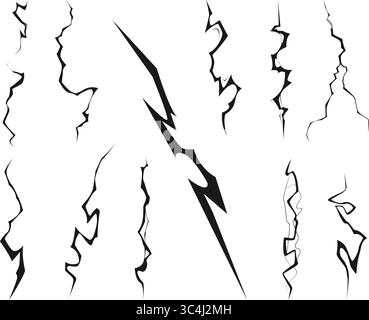 Black lightning bolt icons. Simple thunderbolt symbols. Electric strikes. Different zigzag shapes. Energy discharge. Storm flashes. Thunderstorm sky b Stock Vector