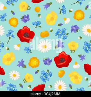 Beautiful spring wildflowers seamless pattern. Meadow poppies. Summer daisies. Garden bells and chamomiles. Repeated textile print. Blooming plants. W Stock Vector