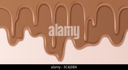 Melting milk chocolate drips flowing down - smooth liquid caramel streams with glossy finish. Sweet ice cream topping texture with realistic flow pattern for dessert design or candy packaging. Stock Vector