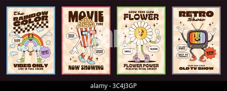 Cartoon groovy characters posters featuring retro personages like a rainbow, popcorn, flower, and tv with cheerful expressions radiate positivity, nos Stock Vector