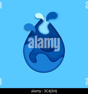 Save water paper cut banner, blue aqua drop shape with waves. Saving clean water source, marine nature and ecology 3d vector concept. Blue water drop Stock Vector