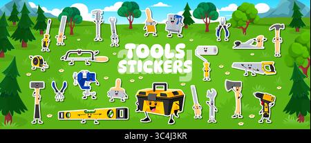 Construction and repair tools characters stickers pack. Measuring tape, level, pliers and hammer, spatula, wrench, screwdriver and vise house repair t Stock Vector