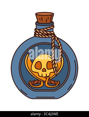 Cartoon groovy pirate potion bottle. Vector mystical elixir glass or clay vial with cork stopper, rope binding and skull emblem, symbolizes danger or Stock Vector