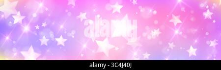 Sparkle unicorn background with glowing stars scattered on pink, yellow and red gradient. Magical bokeh lights floating on soft pastel bg for dreamy fantasy design, shimmering celestial atmosphere. Stock Vector
