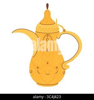 Traditional Arabic coffee pot Dallah. Antique copper pot common in Middle East, Yemen, Oman, Qatar. Vector illustration for coffee shop in flat style. Stock Vector