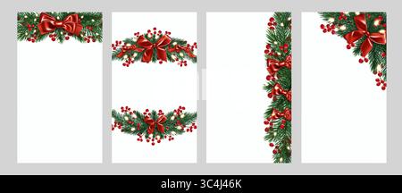Holiday frame borders with pine tree branches decorated by red satin bows and ribbons, shiny baubles and holly berries - festive wreath designs for Christmas cards, invitations or seasonal decorations Stock Vector
