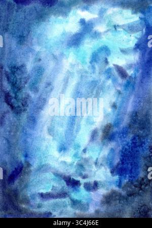 Ocean depth. Blue watercolor illustration. Ocean dark blue texture. Indigo blue background. Ethereal sea. Liquid watercolor. Stock Photo