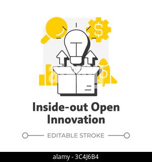 Inside out open innovation flat outline concept icon Stock Vector
