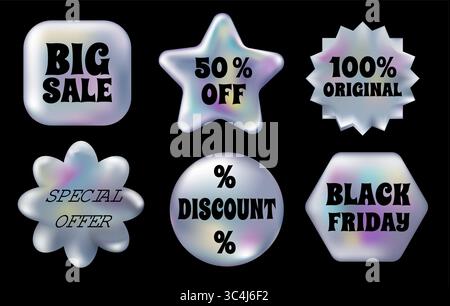 3d holographic Retro stickers set. Gradient Chrome Sale, Black Friday and Discount emblems. Holography labels mockup and metal badges of various shapes. Vector Illustration isolated on Black. Stock Vector