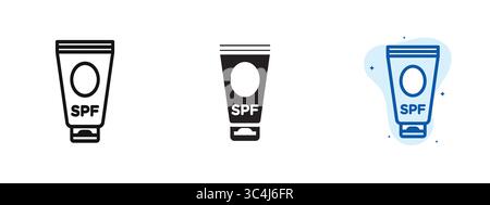 Three different colored tubes of sunscreen. The tubes are all different colors and are shown in different positions. Vector Icon Stock Vector