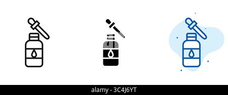 A bottle of oil with a dropper on top. The bottle is black and white. The dropper is blue. Vector Icon Stock Vector