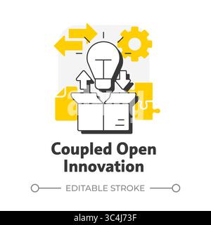 Coupled open innovation flat outline concept icon Stock Vector