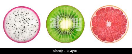 Fruit collection - halves of pitahaya, kiwi and grapefruit on isolated white background. Tropical fruits. Stock Photo