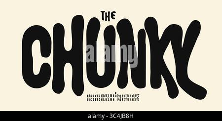 Groovy chunky alphabet, boho trippy font, playful rounded typeface for festival logo, summer headline, hippy design, fluid liquid typography. Vintage Stock Vector