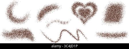 Coffee powder abstract shapes collection. Realistic 3D granule splashes in heart, curve, swirl, and spot forms. Vector dust texture set. Stock Vector