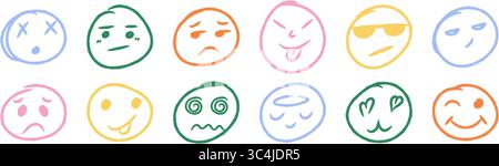 Hand drawn crayon emoji faces set. Colorful doodle style emoticons with various expressions including happy, sad, confused, and playful. Vector cartoo Stock Vector