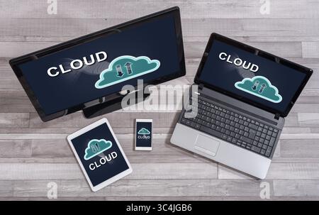 Cloud concept shown on different information technology devices Stock Photo