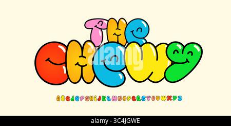 Chewy bubble alphabet, bold rounded letters, cute cartoon font for kids logo, playful headline, gummy emoji design, colorful street typography, joyful Stock Vector