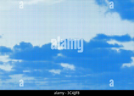 Halftone dot clouds on blue sky. Vintage pop art style with dotted texture Stock Vector