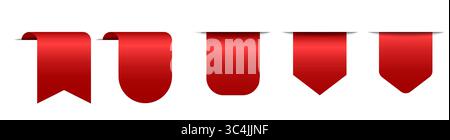 Tags red set. Sale and new label set. Red scrolls and banners isolated collection. Discount red ribbons, banners, shopping tags and icons. Stock Vector